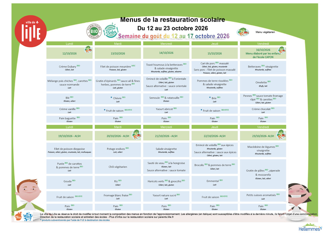 Menu restauration scolaire du 12 au 23/10