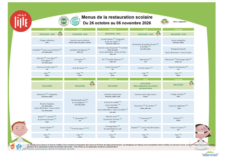 Retrouvez ci-après les menus des restaurants scolaires pour la période du 26 octobre au 6 novembre.